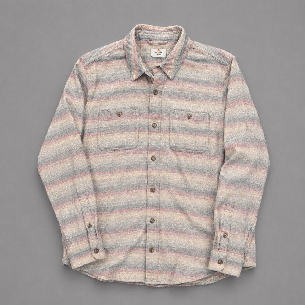 Marine Layer Mens Cotton Wool Striped Flannel Shirt Gray Pink Yellow 13018 Med